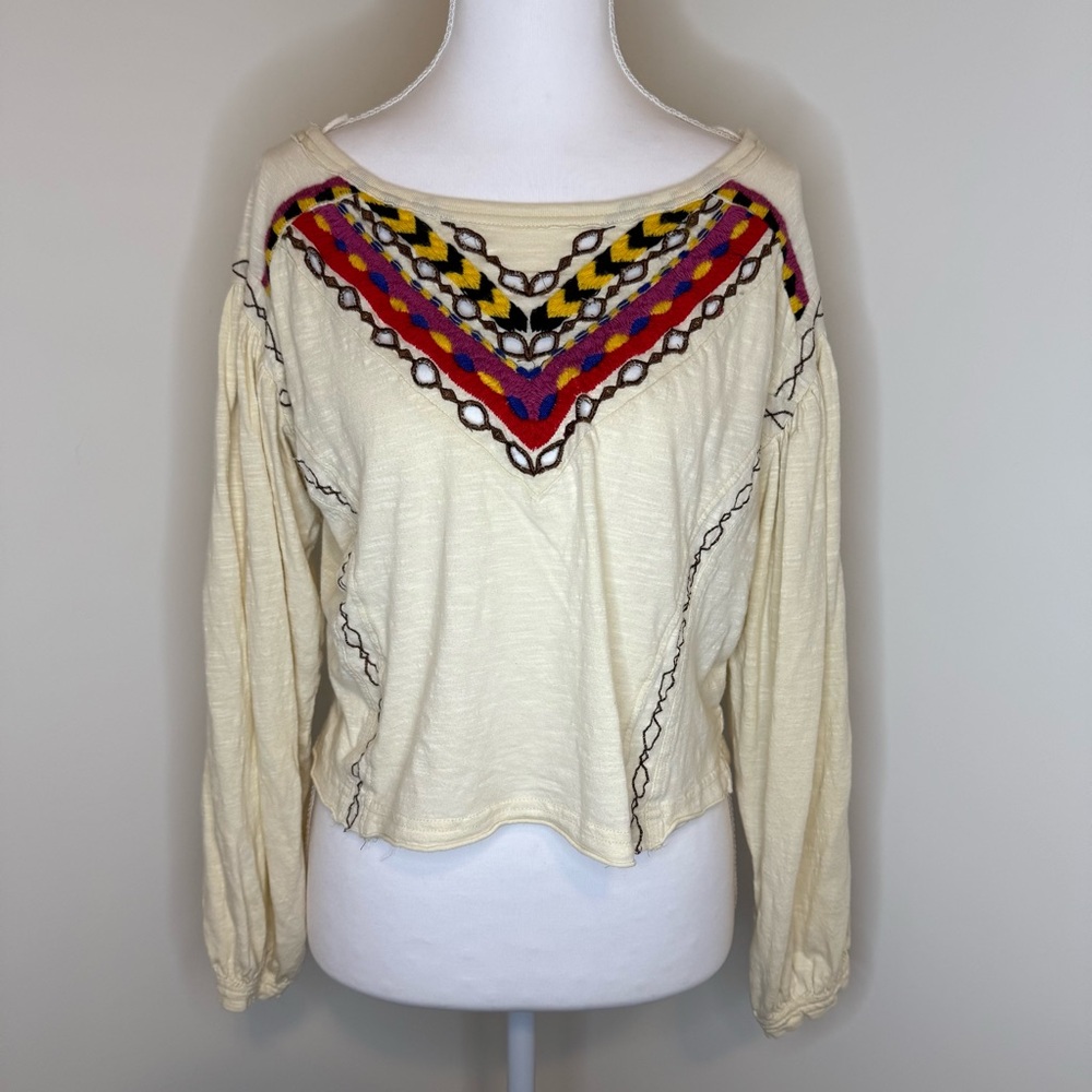 Free People Cream Long Sleeve with Colorful Embroidery